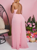 Summer Fashion Sexy Chain Halter Neck Sexy Low Back High Waist Wide Leg Pleated Jumpsuit