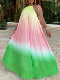 Fashion Gradient Color Halter Neck Pleated Loose Long Dress