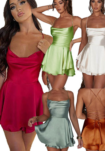 Summer Sexy Solid Color Strap Low Back Slim Waist Short Dress