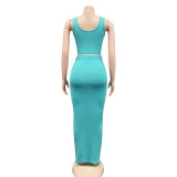 Summer Fashion Casual Solid Color Vest Tight Fitting Long Skirt Women Two-Piece Set