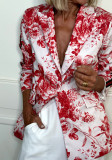 Ladies Trendy Jacket Button Turndown Collar Long Sleeve Print Blazer