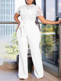 Women's Sexy Lace Hollow Short Sleeve Belt High Waist Wide Leg Jumpsuit