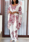 Fashionable Printed Loose Plus Size V-Neck Top Wide-Leg Pants Two Piece Set