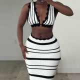 Summer Lace-Up Deep V Low Back Tops High Waist Slim Striped Skirt Two Piece Set