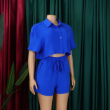 Women's Summer Casual Turndown Collar Short Sleeve Shirt Shorts Fashionable African Two Piece Set
