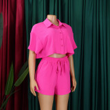 Women's Summer Casual Turndown Collar Short Sleeve Shirt Shorts Fashionable African Two Piece Set