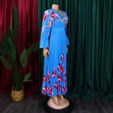 Women's V-Neck Long Sleeve Printed Pleated Chic Long Dress