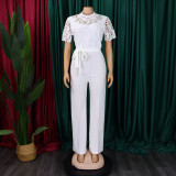 Women's Sexy Lace Hollow Short Sleeve Belt High Waist Wide Leg Jumpsuit