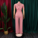 Women's Sexy Lace Hollow Short Sleeve Belt High Waist Wide Leg Jumpsuit