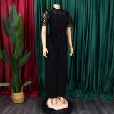 Women's Sexy Lace Hollow Short Sleeve Belt High Waist Wide Leg Jumpsuit