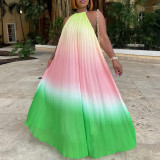 Fashion Gradient Color Halter Neck Pleated Loose Long Dress