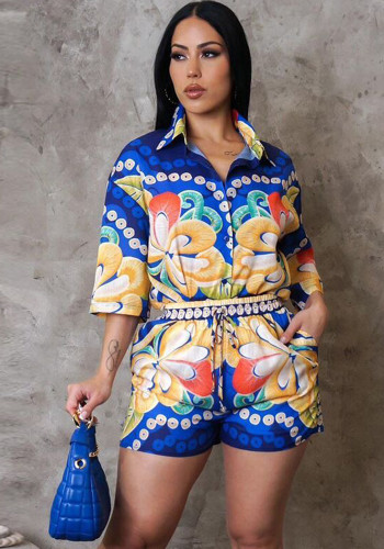 Women Print Shirt and Shorts Casual Two-Piece Set