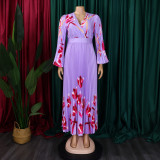 Women's V-Neck Long Sleeve Printed Pleated Chic Long Dress