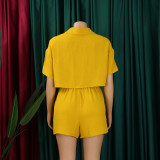 Women's Summer Casual Turndown Collar Short Sleeve Shirt Shorts Fashionable African Two Piece Set