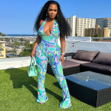 Summer Sexy Print Halter Neck Deep V Neck Low Back Print Tight Fitting Jumpsuit