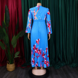 Women's V-Neck Long Sleeve Printed Pleated Chic Long Dress