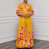 Women's V-Neck Long Sleeve Printed Pleated Chic Long Dress