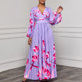 Women's V-Neck Long Sleeve Printed Pleated Chic Long Dress