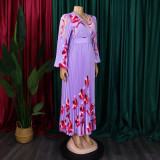 Women's V-Neck Long Sleeve Printed Pleated Chic Long Dress