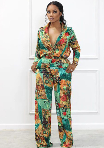 Women Fashion Casual Printed v-neck Top and Pants two-piece set