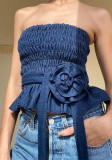 Summer Women sexy retro denim blue flower pleated Strapless Top