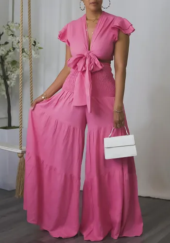 Plus Size Women Short Sleeve Lace-Up Top And Wide Leg Pants Two-Piece Set