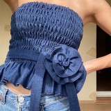 Summer Women sexy retro denim blue flower pleated Strapless Top