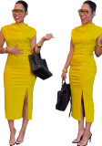 Women Solid Slit Chic Midi Bodycon Dress