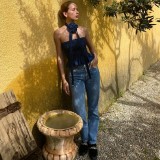 Summer Women sexy retro denim blue flower pleated Strapless Top