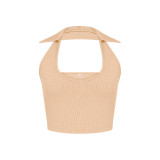 Summer Women Knitting Ribbed Sexy U-neck Turndown Collar Crop Tank Top