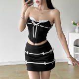 Women jacquard Lace-Up herringbone Strapless Top and Bodycon skirt two-piece set