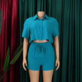Women's Summer Casual Turndown Collar Short Sleeve Shirt Shorts Fashionable African Two Piece Set