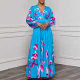 Women's V-Neck Long Sleeve Printed Pleated Chic Long Dress