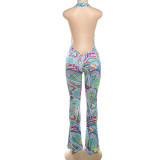 Summer Sexy Print Halter Neck Deep V Neck Low Back Print Tight Fitting Jumpsuit