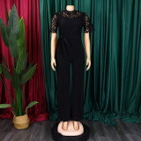 Women's Sexy Lace Hollow Short Sleeve Belt High Waist Wide Leg Jumpsuit