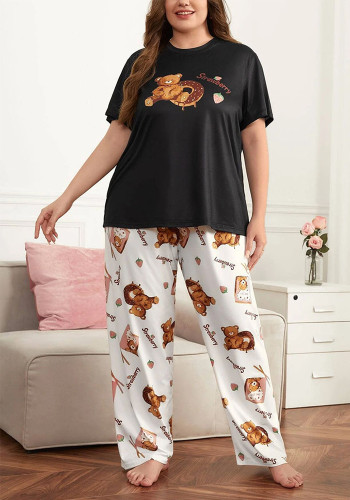 Plus Size Women Cute Bear Printed T-shirts and Pants Pajamas Two Piece