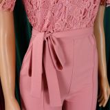 Women's Sexy Lace Hollow Short Sleeve Belt High Waist Wide Leg Jumpsuit