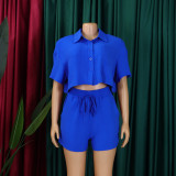Women's Summer Casual Turndown Collar Short Sleeve Shirt Shorts Fashionable African Two Piece Set