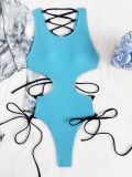 Sexy Solid Color Lace-Up One Piece Swimsuit