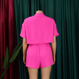 Women's Summer Casual Turndown Collar Short Sleeve Shirt Shorts Fashionable African Two Piece Set