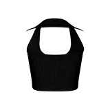 Summer Women Knitting Ribbed Sexy U-neck Turndown Collar Crop Tank Top