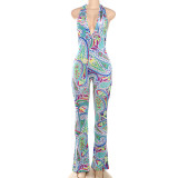 Summer Sexy Print Halter Neck Deep V Neck Low Back Print Tight Fitting Jumpsuit