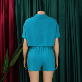 Women's Summer Casual Turndown Collar Short Sleeve Shirt Shorts Fashionable African Two Piece Set