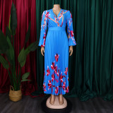 Women's V-Neck Long Sleeve Printed Pleated Chic Long Dress