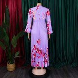 Women's V-Neck Long Sleeve Printed Pleated Chic Long Dress