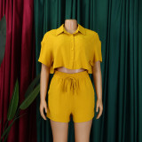 Women's Summer Casual Turndown Collar Short Sleeve Shirt Shorts Fashionable African Two Piece Set