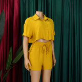 Women's Summer Casual Turndown Collar Short Sleeve Shirt Shorts Fashionable African Two Piece Set
