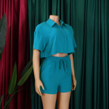 Women's Summer Casual Turndown Collar Short Sleeve Shirt Shorts Fashionable African Two Piece Set
