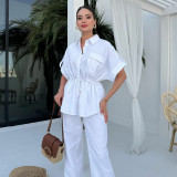 Women's Cargo Style Drawstring Pocket Shirt Pants Two-Piece Set