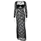 Women sexy lace See-Through long-sleeved dress